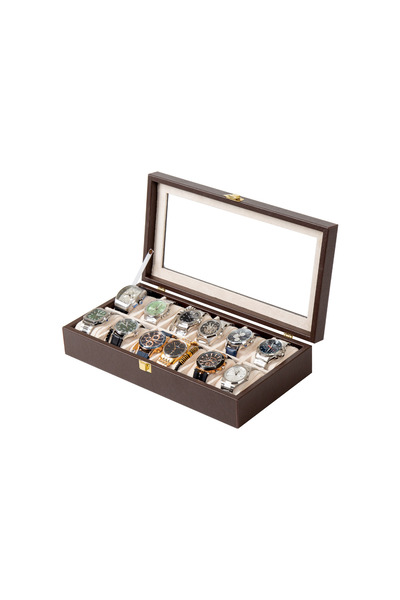 Güner Ofis 12-Slot Black Leather Watch Box Lockable Watch Storage and Collect...