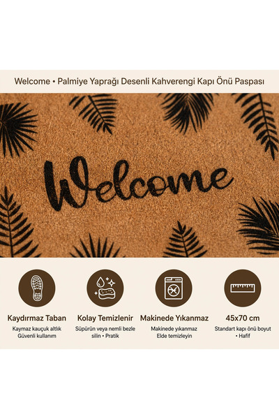 Evoris Coco Cc028A Welcome Leaf Patterned Thick Non-Slip Sole Moisture Absorbing Stylish Design Door Mat 45X75 cm