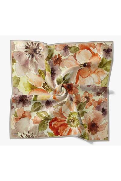 Silk Home Soft Eşarp IST Vizon - Turuncu Çiçek Desen