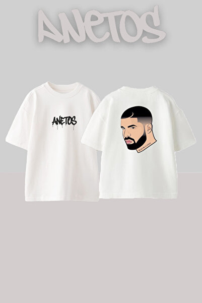 Anetos Λευκό μπλουζάκι Drake_22 με στάμπα σχεδίου Unisex Oversize
