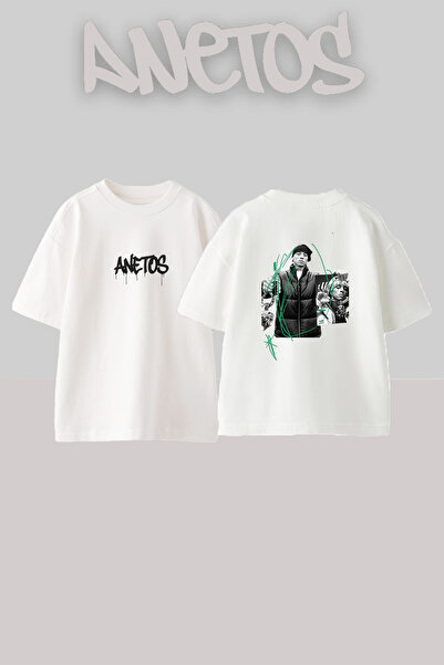 Anetos Λευκό μπλουζάκι Central Cee_14 με στάμπα σχεδίου, unisex, oversized