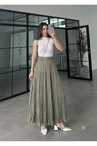 QUAWEAR Layered Tencel Crinkle Skirt with Elastic Waistband