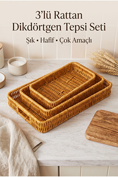 Ev Modu Home 3'lü Rattan Dikdörtgen Tepsi Seti