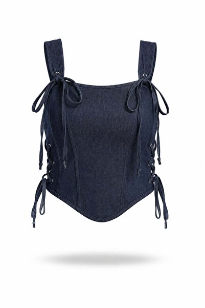 5in1Canpolat Lacivert Yanları Bağlamalı Denim Büstiyer 5649