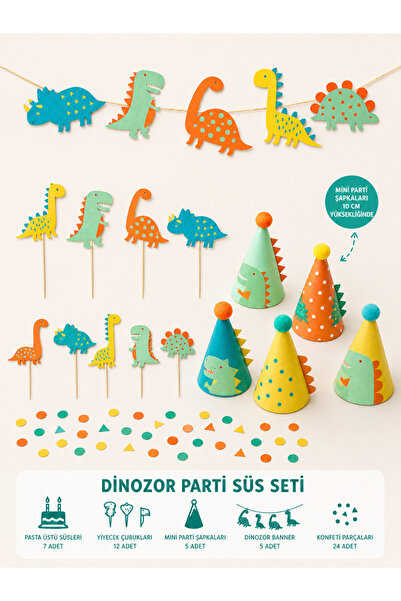 Dijital Nostal Dinozor Safari Temalı Parti Süs Seti Mini Şapka Premium Pasta ...