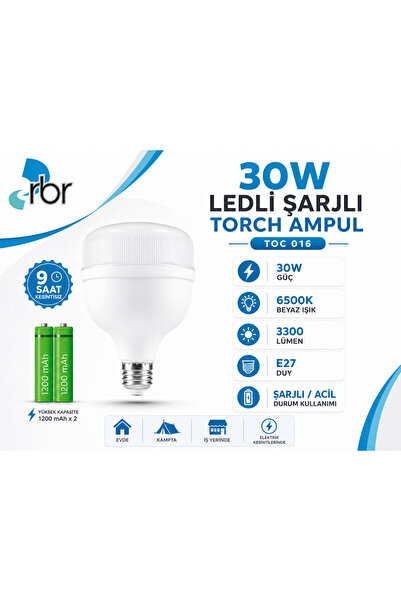 RBR 30W Ledli Şarjlı Torch Ampul E27 Duy 6500K Beyaz Işık 9 Saat Kesintisiz K...