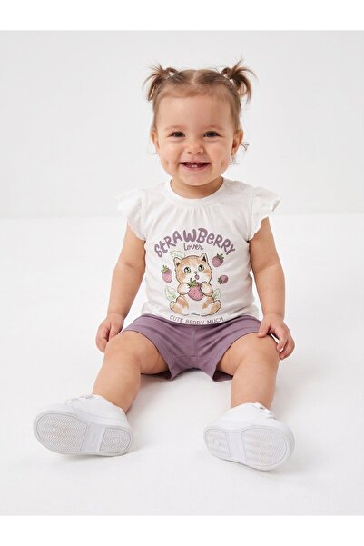 Kids Kingdom Cotton Cat Detailed 2-Piece Baby Girl Shorts Set