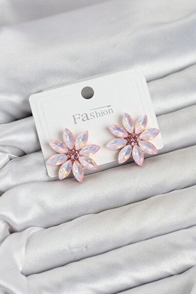 TakÇalıştır Pink Color Crystal Stone Lotus Flower Model Women's Earrings