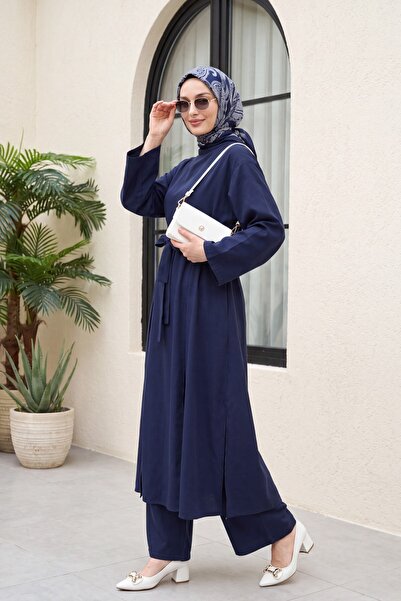 Modamorfo Tunic, Long Slit Pants, Pocketed Modal Set - Dark Blue