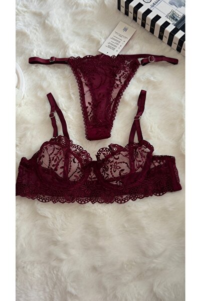 AMORA lingerie AMORA Bordo Brode Sütyen Slip Takım | Gelin İç Giyim Seti | Bü...