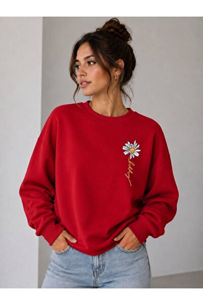 caddekombin Women's Aesthetic Vertical Floral Printed Crew Neck Sweatshirt