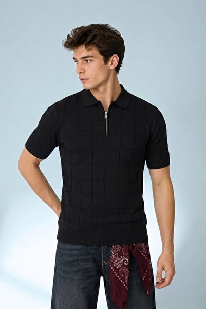 Maccali Men's Short Sleeve Striped Knitwear Black Polo Neck T-Shirt