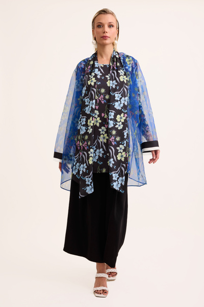 VERDA Mavi Çiçek Desenli Fularlı Tül Kimono Ceket Takım