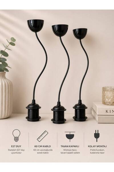 tigea accessories SİYAH E-27 DUY AVİZE ASKI TAKIMI ÜÇLÜ (3 ADET)