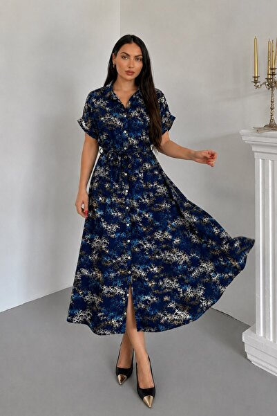 msm fashion Γυναικείο φόρεμα με μακρύ σχέδιο, κοντό μανίκι, γιακά πουκάμισου ...