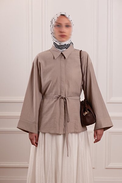 Emare Girdle Detailed Striped Tencel Shirt Stone