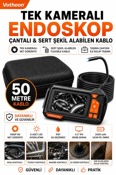 Vothoon Ekranlı Tek kameralı 50 Mt Sert Kablo Yılan Endoskop Kamera 8 mm 4.3 ınc