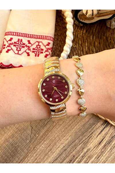TD TRENDDURAGI Round Tiny Stone Detailed Gold Inside Burgundy Women's Wristwatch