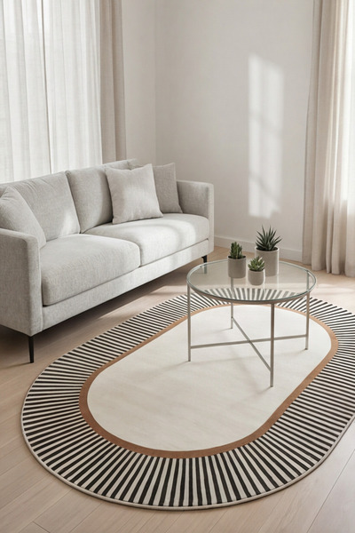 G&C HOME Modern Oval Halı Siyah Çizgili Minimal Tasarım Kaymaz Taban Dijital ...
