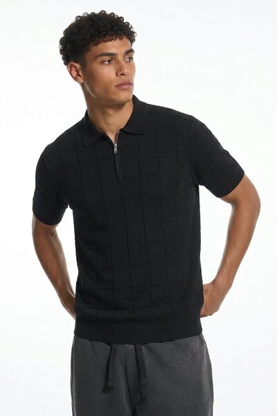 Maccali Men's Striped Knitwear Comfortable Fit Black Polo Neck T-Shirt