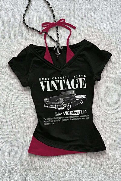 Genel Markalar Siyah Vintage Modern Life Ek Askılı Y2K Kısa Kollu Crop