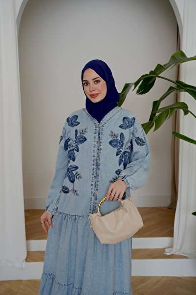 Moda Neval Kadın Nakış İşlemeli Etekli Kot Elbise
