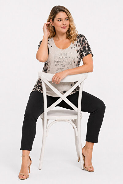 Şans Women's Plus Size Beige, Leopard Pattern, Stone Embellished, Linen Fabri...