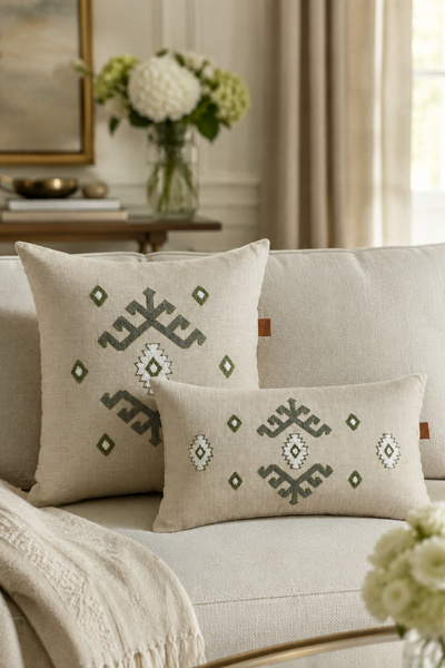 Decomia Home Set de huse de pernă din amestec de in, brodate cu tufting moder...