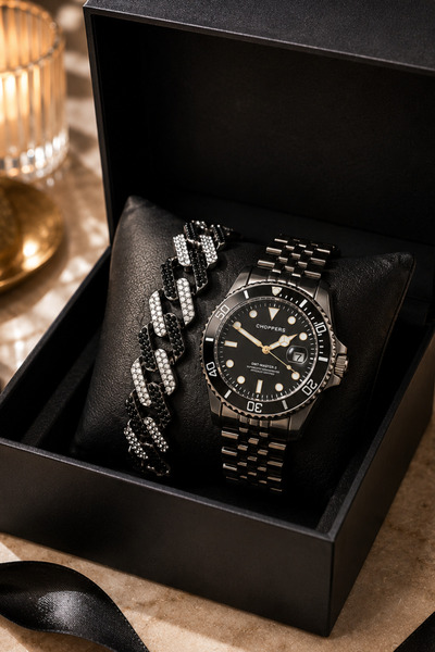 laria jewelry Siyah Erkek Kol Saati Ve Siyah Detaylı Küba Bileklik Seti
