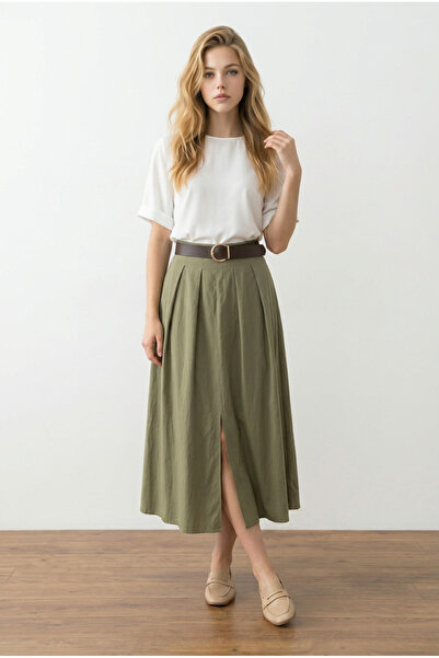 oyagüler Women's Khaki Green Front Slit Belted Parachute Fabric Front Pleated...