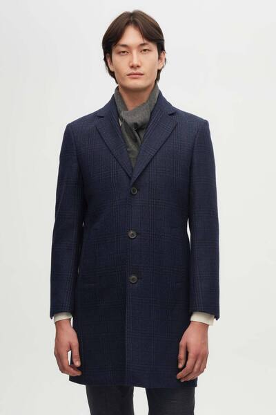 Damat Slim Fit Lacivert Ekose Yün Palto
