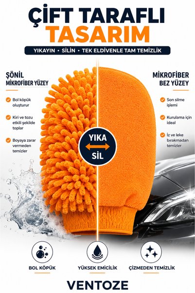 Ventoze Mikrofiber Çift Taraflı Oto Yıkama Eldiveni | Yüksek Su Emici Araç Temizlik Eldiveni