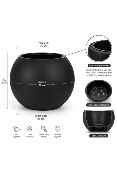 CANBOTANİK BÜYÜK MAT SİYAH SAKSI YUVARLAK KÜRE 40x25 27.5 litre Salon saksısı