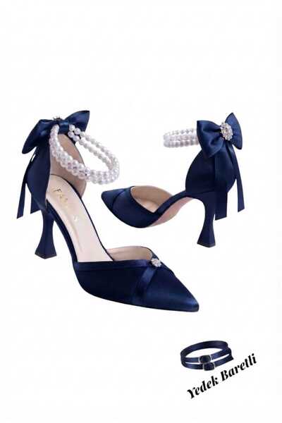 Famels Navy Blue Satin, Heeled Shoes with White Pearls and B.T. Stones, Eveni...