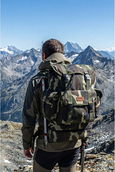 ROWAN ÇANTA Camouflage Camping, Mountain Climbing and Travel Backpack with Large Bottom Pocket and Waist Strap, Size 55*32*20 cm