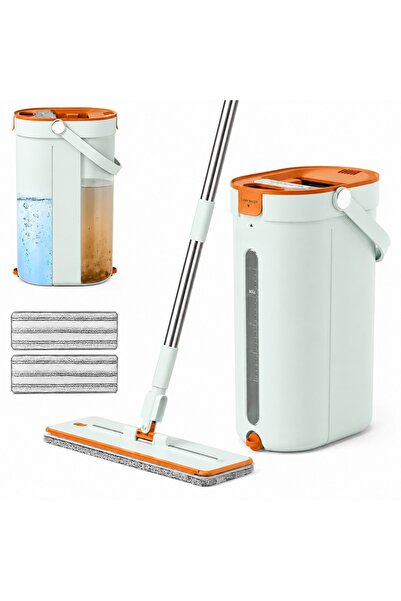 TerraShop Set Mop Plat 360° cu Galeata cu Vizor Nivel Apa, Sistem 3 Rezervoar...