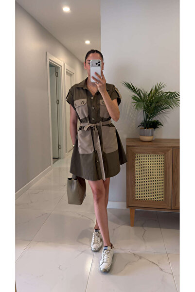BİRCANÇİL Teksy Khaki Belted Dress with Pocket Detail