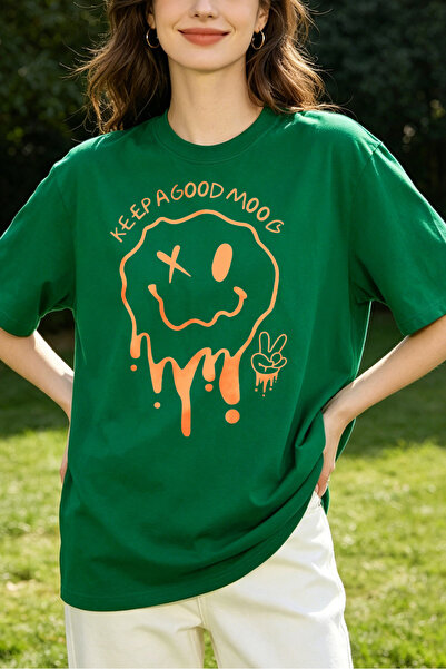 Fleck Womens T Shirts Keep A Good MooG Smiley Face Graphic Oversized Casual S...