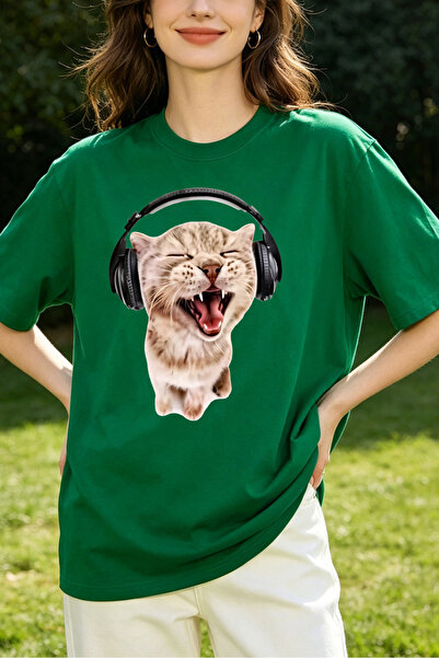 Fleck Womens T Shirts Cat With Headphones Graphic Print Casual Loose Fit Summ...