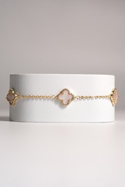 AYRA ACCESSORY Pembe Yonca Motifli Gold Renk Çelik Bileklik
