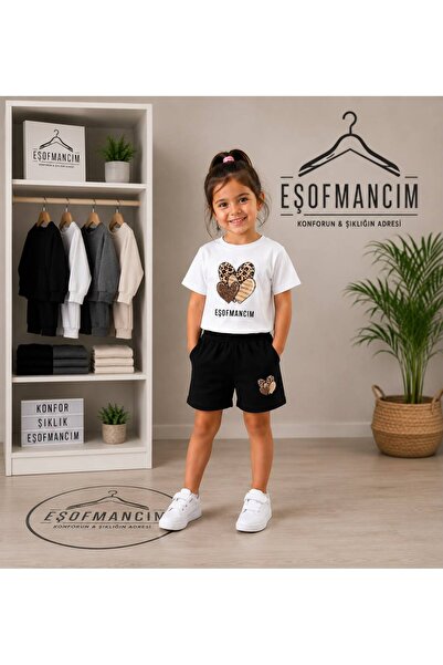 Eşofmancım Girl's Summer Shorts T-Shirt Leopard Heart Printed Set