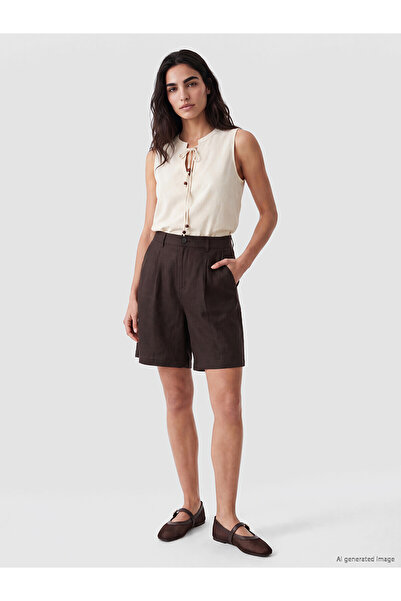 LC Waikiki Trendlucky High Waist Linen Blend Women's Pleated Shorts with Diff...