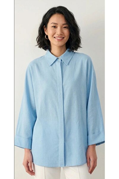 Dagü Design Women's Blue Comfortable Fit Turuvakar Sleeve Linen Tunic