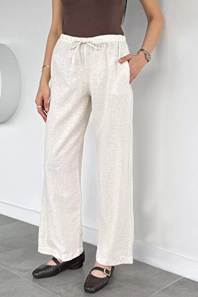 Aryena Stone Women's Elastic Waist Wide Leg Linen Trousers