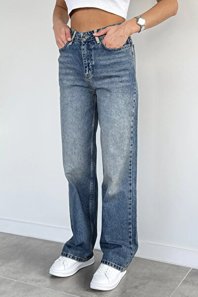 Aryena Blue Women's High Waist Loose Fit Jean Denim Trousers