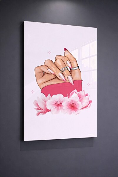 arslart Kadın Eli Çiçekli CAM Görünümlü Pleksi Tablo Pembe Manikür Nail Art E...