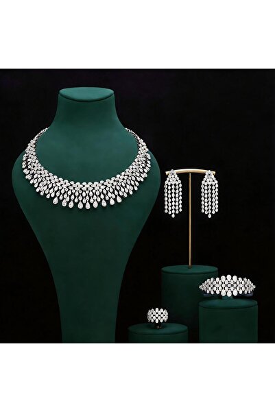jewerlystore Luxury Full Pave Vertical Teardrop Tassel 4-Piece Bridal Jewelry...