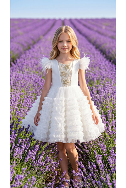 Lindissima Girl's Beaded Embroidered Feather Sleeves Layered Tulle Princess E...