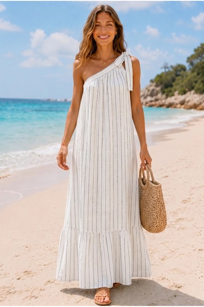 MadyaButik Women's One-Shoulder Tie-Up Ruffle Detailed Relaxed Cut Striped Dress