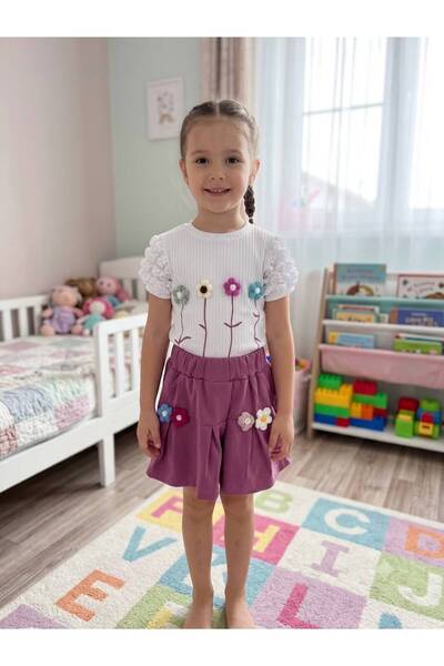 Efemkids Balon Kol Girl's Top-Bottom Set Children's Set with Floral Embroider...